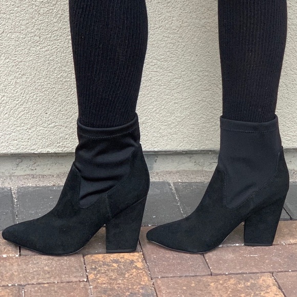 Black Genuine Suede Bold Heel Sock Ankle Booties - Picture 6 of 8
